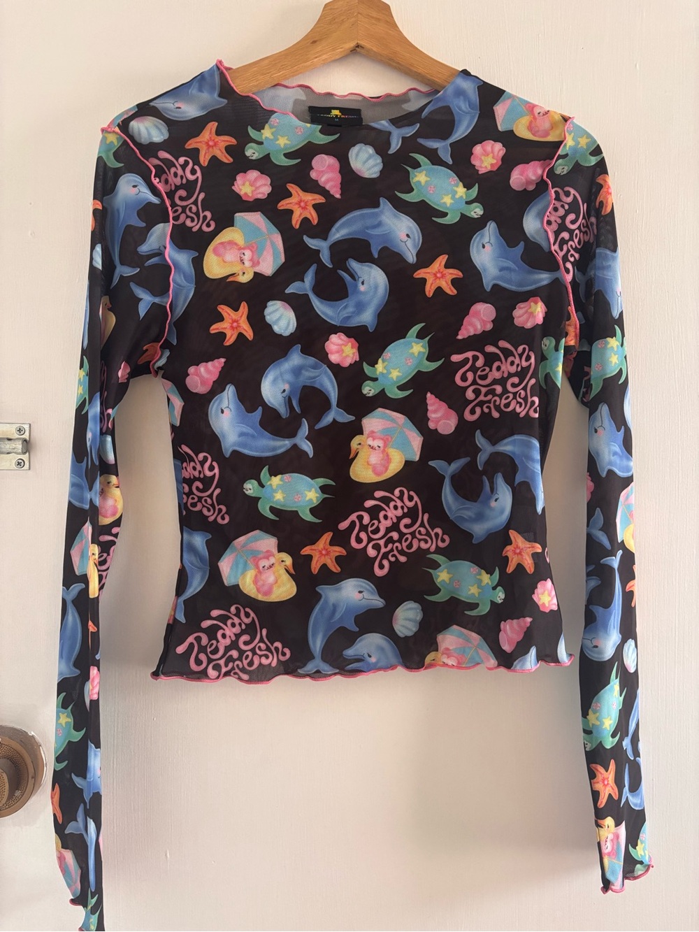 Teddy Fresh Black Sheer Long-Sleeve Dolphin & Seashell Print Top